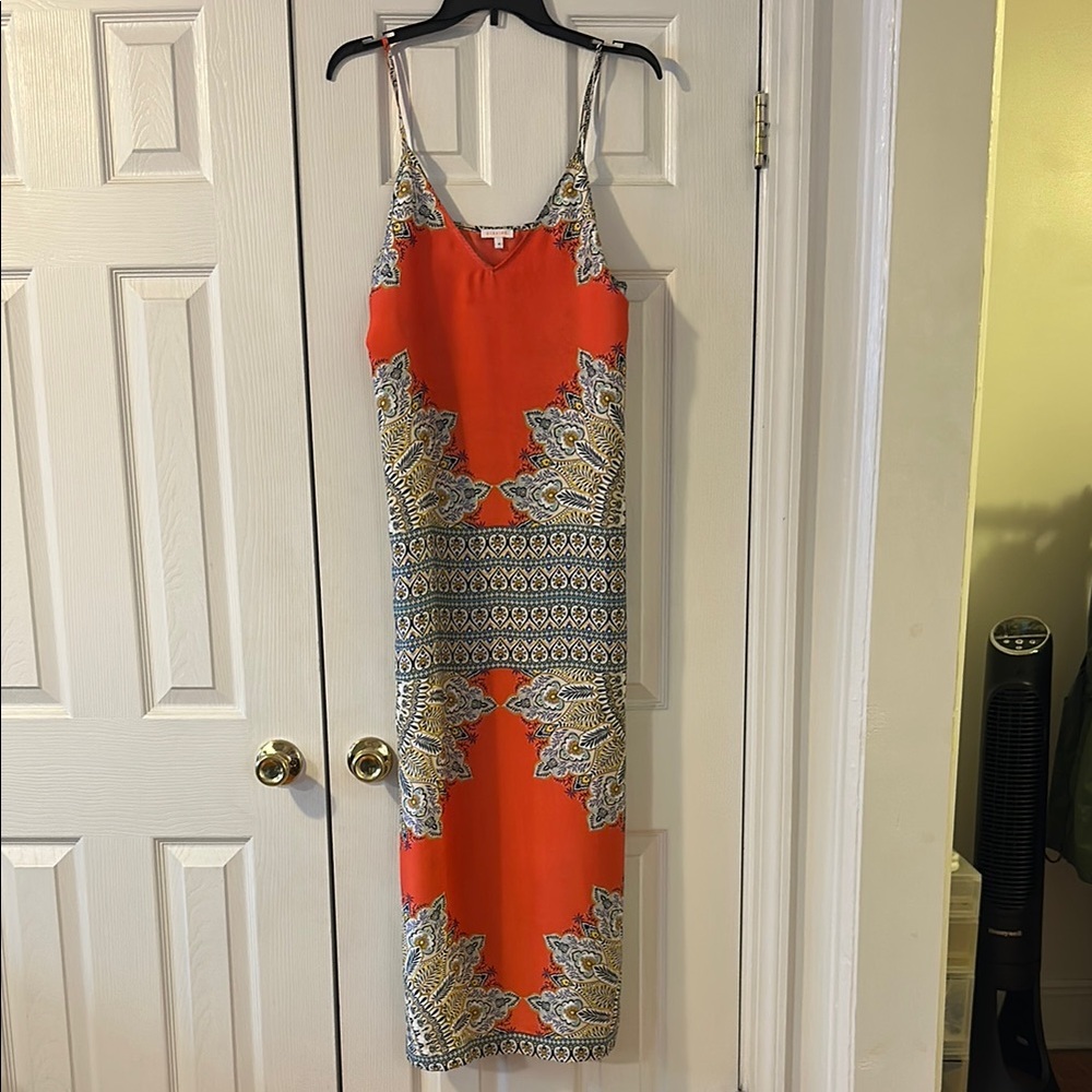 Kireina Orange Patterned Satin Slip Dress